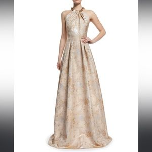 CARMEN MARC VALVO Beaded Halter Floral Jacquard Ball Gown Size 14